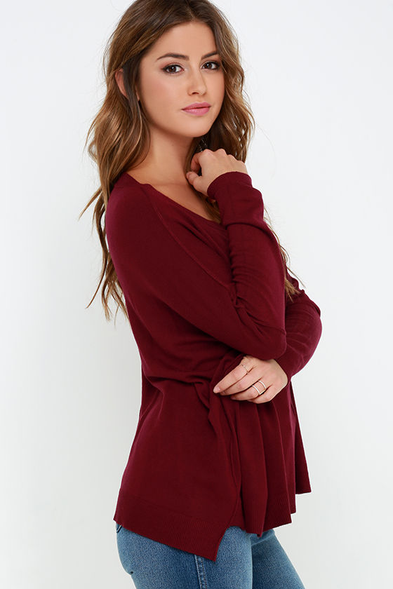 Lovely Wine Red Sweater HighLow Sweater Long Sleeve Top 69.00