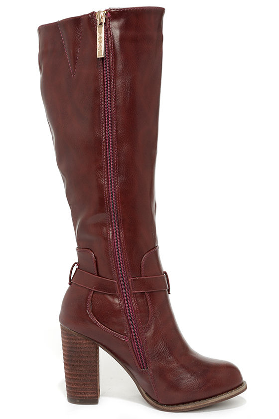 Cool Wine Red Boots Knee High Boots Buckle Boots Vegan Leather