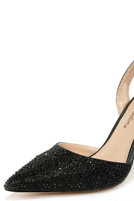 black chunky heels with rhinestones