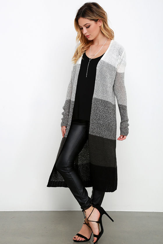 Cute Grey Striped Sweater Long Cardigan Color Block Cardigan 70.00