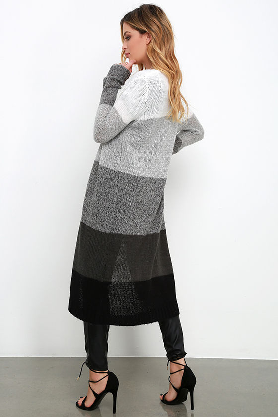 Cute Grey Striped Sweater Long Cardigan Color Block Cardigan 70.00
