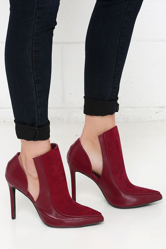 Wine Red Heels - Cutout Booties - Ankle Boots - $69.00