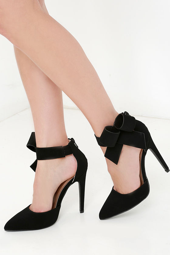 Bow Heels - Black Heels - Black Pumps - Ankle Strap Heels - $38.00