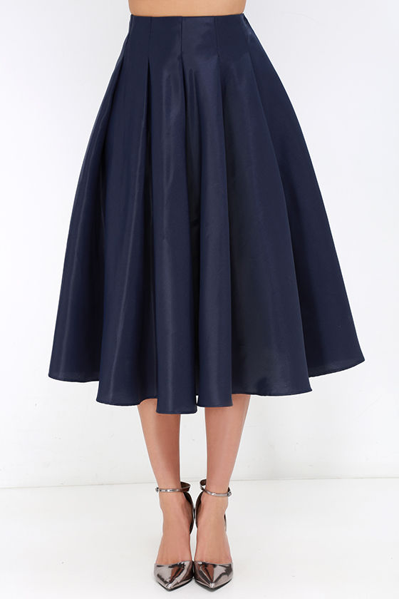 Navy Blue Skirt - Midi Skirt - High-Waisted Skirt - $62.00