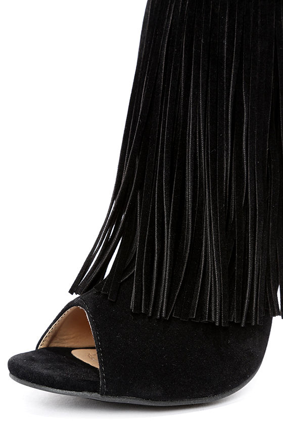 black high heels with fringe