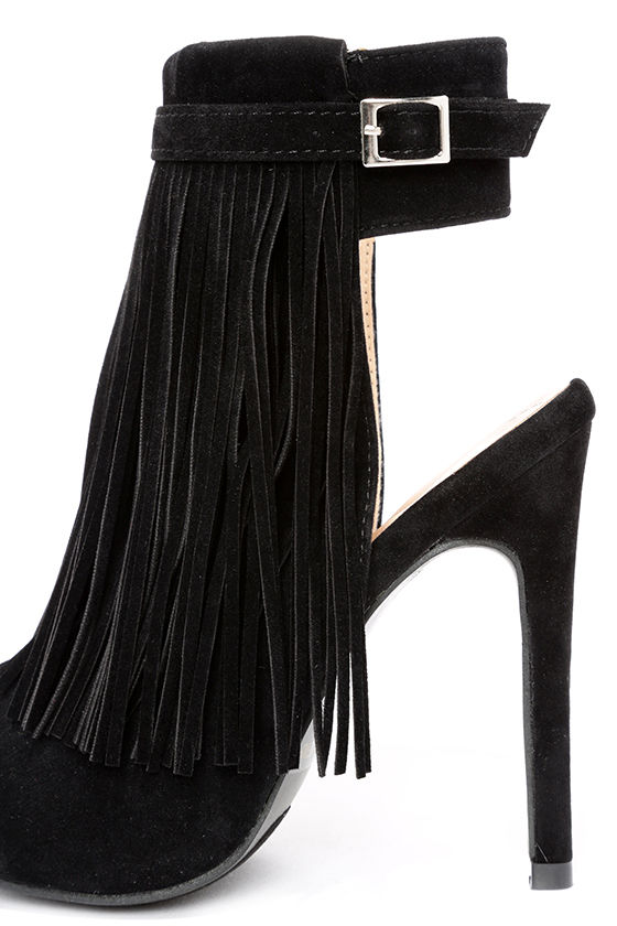 black high heels with fringe
