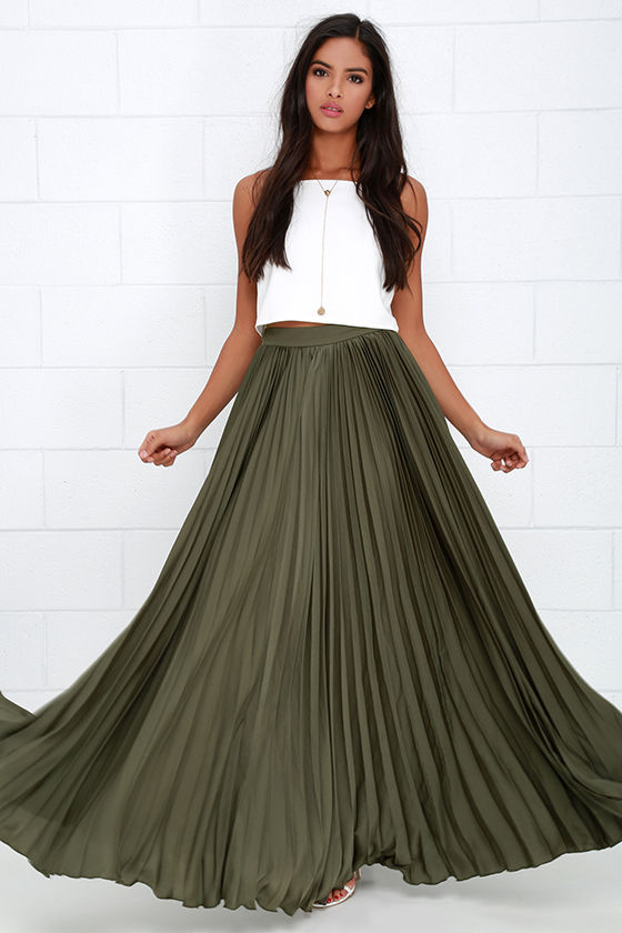 Pretty Olive Green Skirt Maxi Skirt Accordion Pleated Skirt 139.00