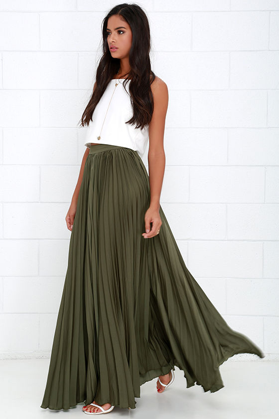 Pretty Olive Green Skirt Maxi Skirt Accordion Pleated Skirt 139.00