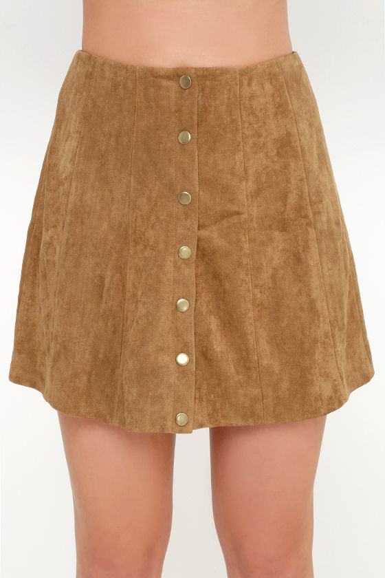 Cute Tan Suede Skirt - A-Line Skirt - Button Front Skirt - $49.00