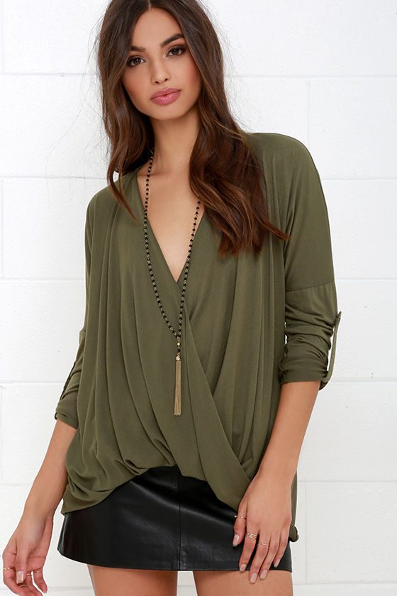Cute Olive Green Top - Long Sleeve Top - Plunging Top - $39.00
