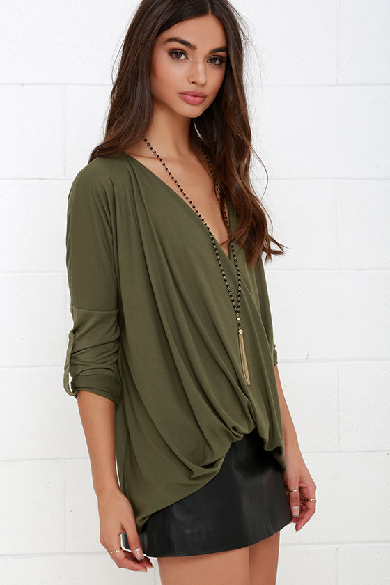 Cute Olive Green Top Long Sleeve Top Plunging Top 39.00