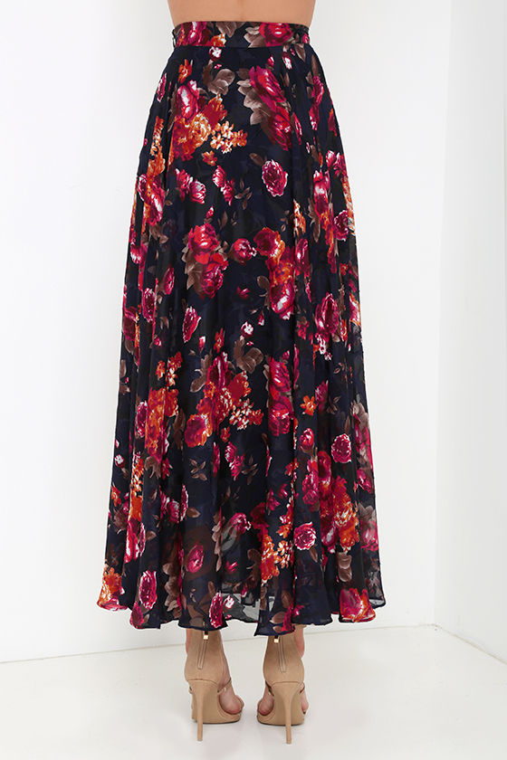 Navy Blue Floral Print Skirt Maxi Skirt HighWaisted Skirt 79.00