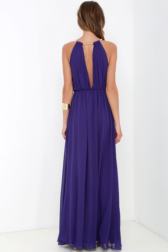Jaselle | Dark Plum High-Neck Maxi Dress With Ruffled Satin-Cuffs