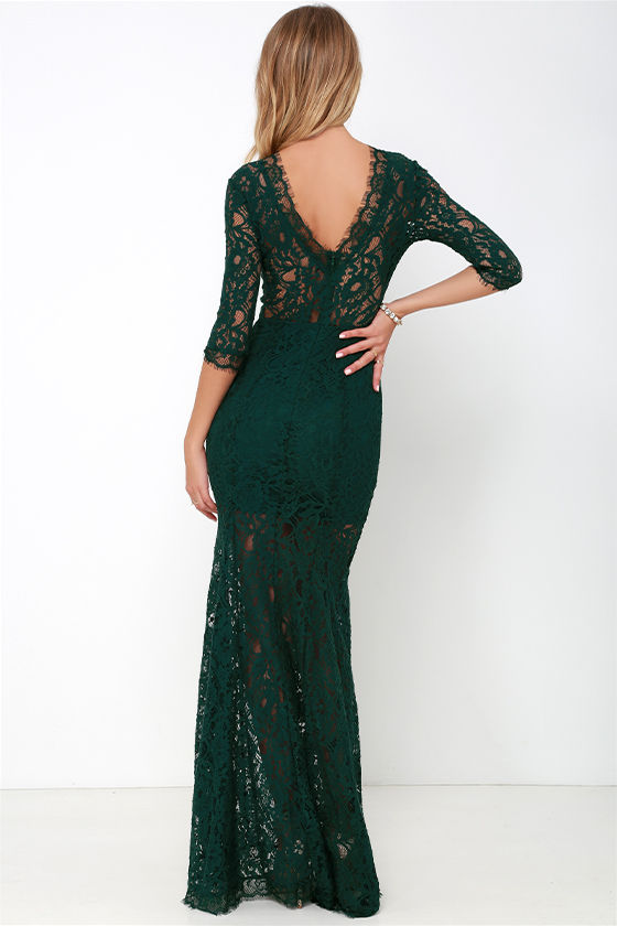 Gorgeous Dark Green Dress - Lace Dress - Half Sleeve Dress - Maxi Dress - $64.00