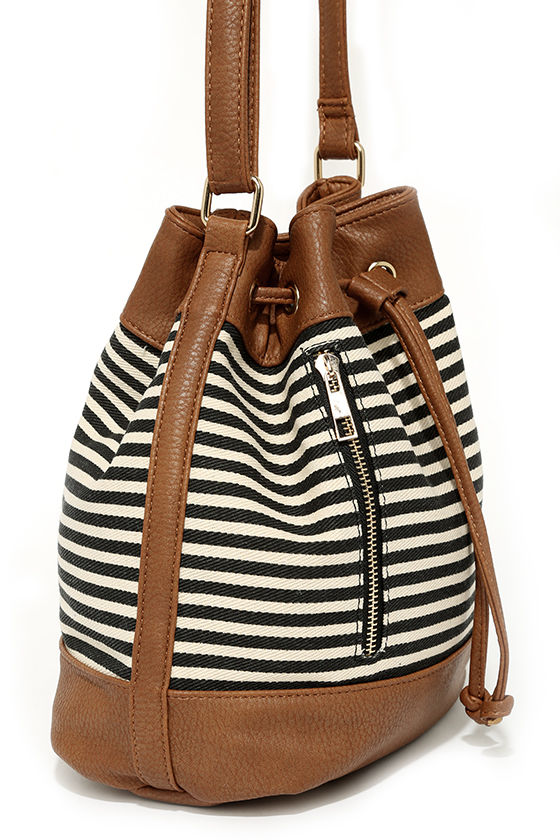 Cute Striped Bucket Bag Drawstring Bag Ivory and Navy Blue Bag 35.00