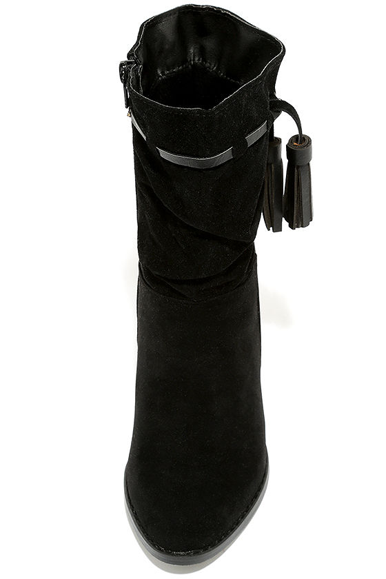 black high heel mid calf boots
