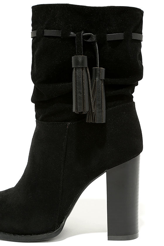 black high heel mid calf boots