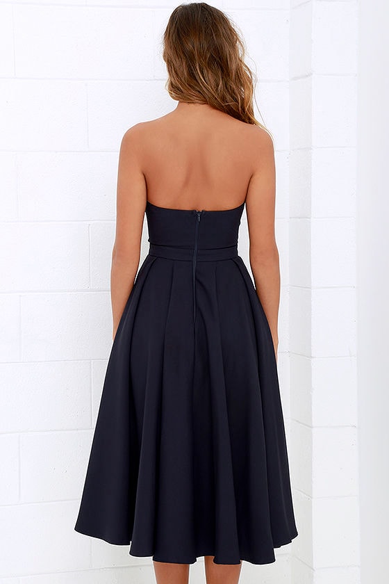 Lovely Midnight Blue Dress - Midi Dress - Strapless Dress - Tulle Dress ...