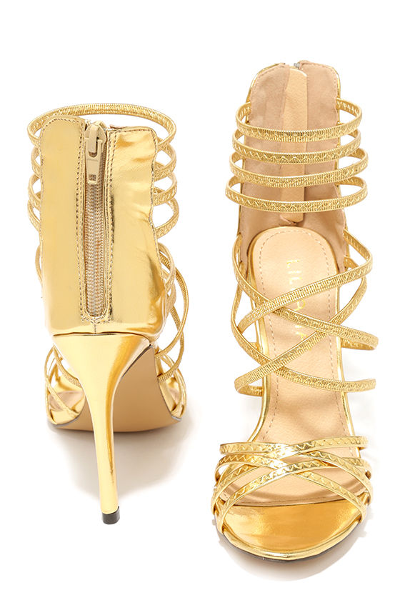 gold caged heels