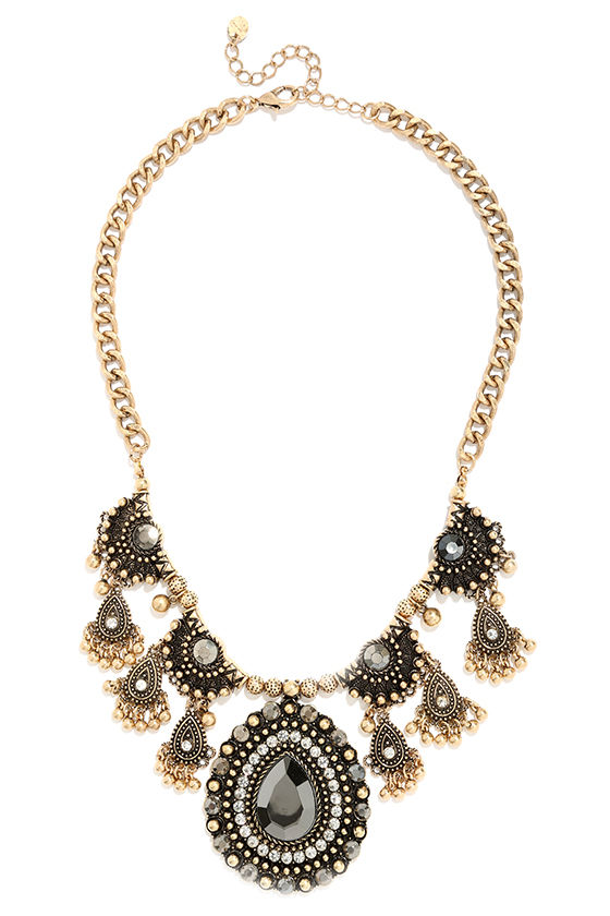 Lovely Gold Necklace - Rhinestone Necklace - Statement Necklace - $25.00