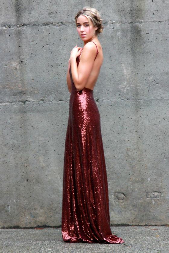 Beautiful Wine Red Maxi Dress - Sequin Maxi Dress - Backless Dress - $84.00