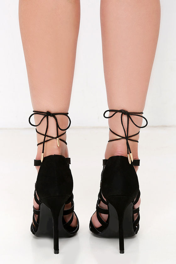 black thigh lace up heels