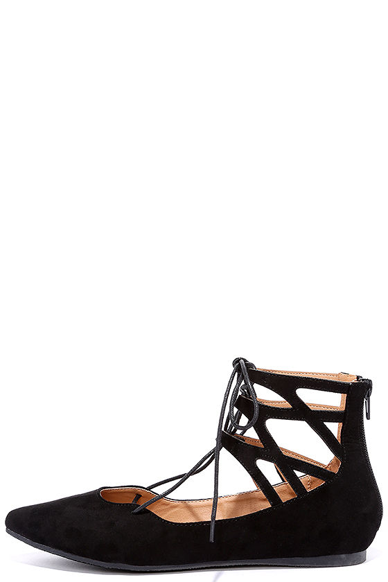 black pointed toe lace up flats