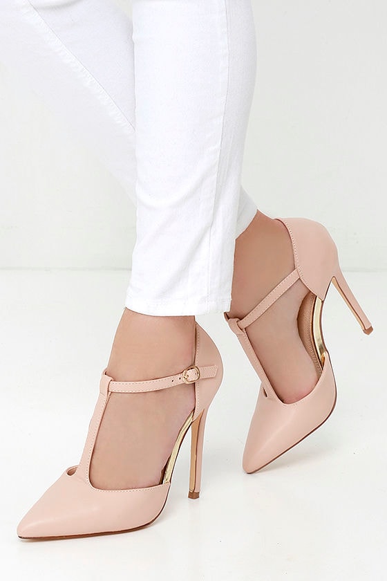 Pretty Nude Heels - T Strap Pumps - Pointed Pumps - $32.00