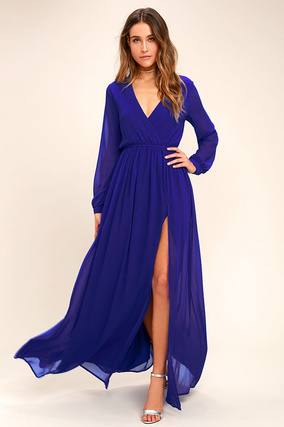 Lovely Royal Blue Dress - Maxi Dress - Long Sleeve Dress - $78.00