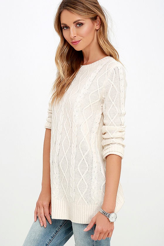 Cable Knit Sweater - Cream Sweater - Long Sleeve Top - $38.00