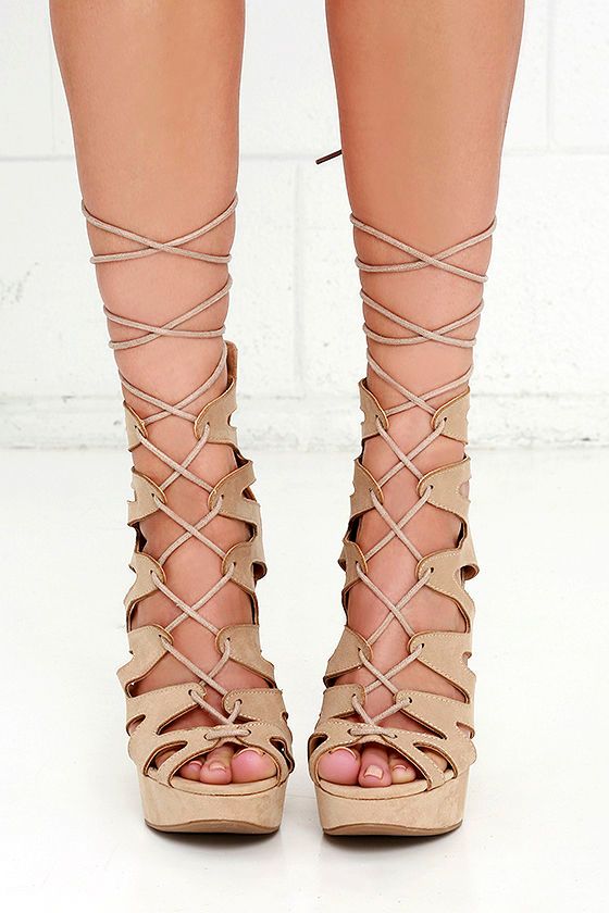 beige lace up wedges