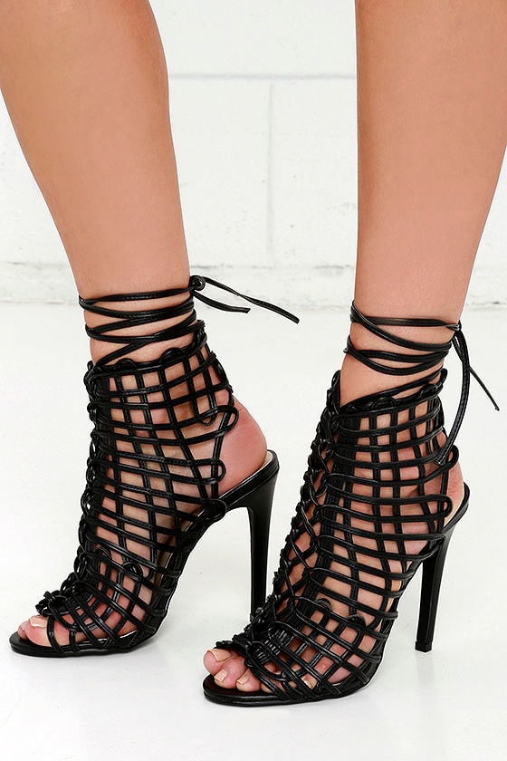 Stylish Black Heels - Caged Heels - Lace-Up Heels - $138.00
