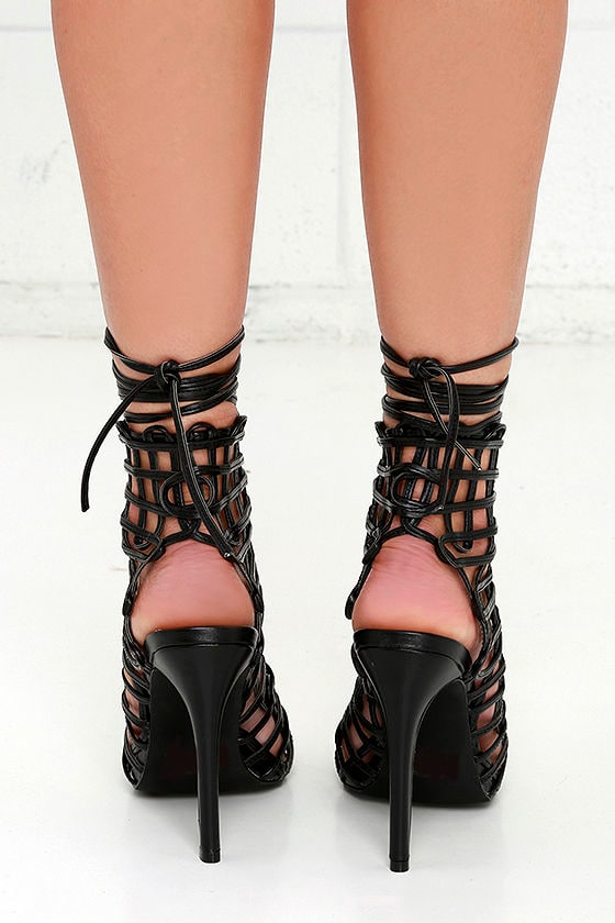Stylish Black Heels - Caged Heels - Lace-Up Heels - $138.00