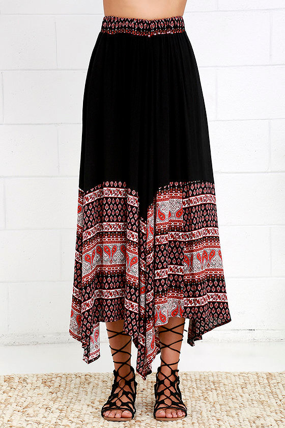 Boho Paisley Print Skirt - Midi Skirt - Black Midi Skirt - $44.00