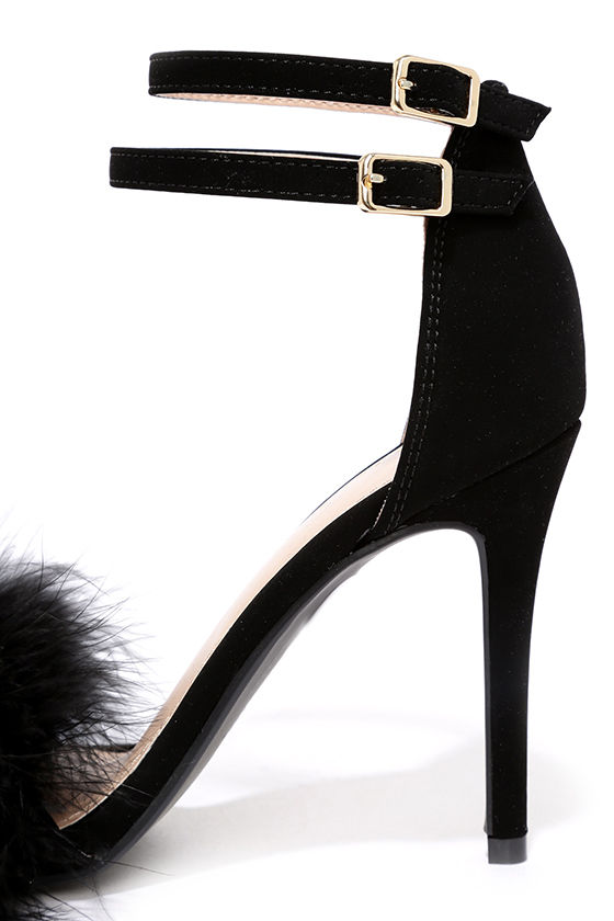 black high heels with feathers