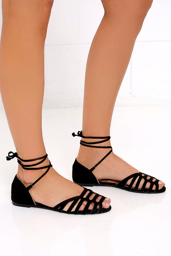 Cute Black Flats - Flat Sandals - Lace-Up Flats - $18.00