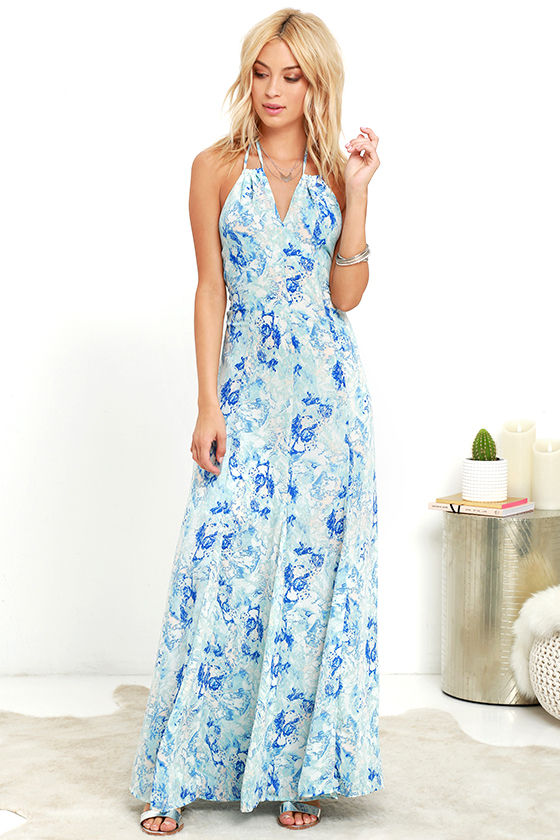 Stunning Blue Print Dress - Maxi Dress - Halter Dress - $67.00