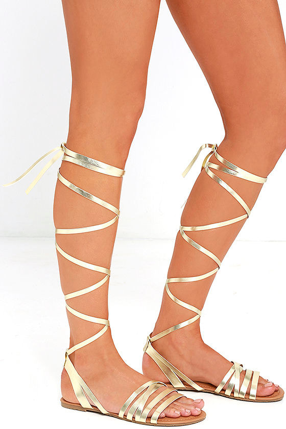 Cute Gold Sandals - Flat Sandals - Leg Wrap Sandals - $19.00