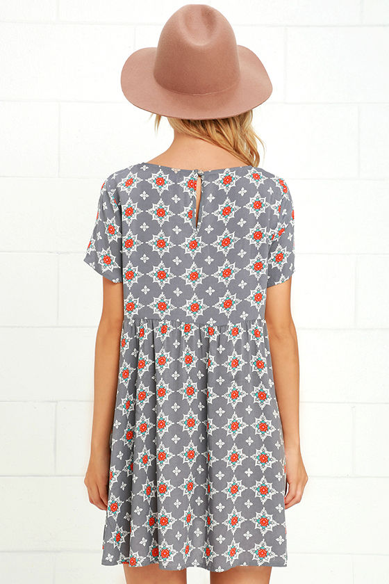 Babydoll Dress Grey Print Dress Shift Dress 40.00