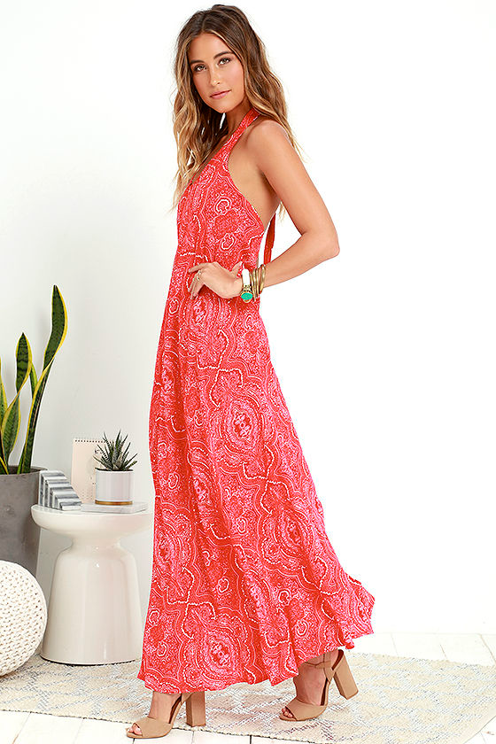 Red Print Dress - Halter Dress - Maxi Dress - Backless Dress - $61.00
