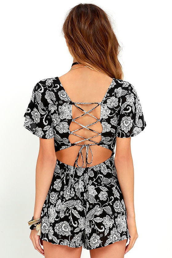Floral Print Romper Black and White Romper LaceUp Romper 48.00