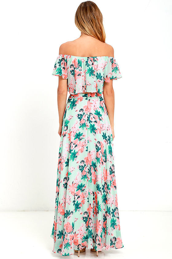 Floral Print Two-Piece Dress - Two-Piece Maxi Dress - Mint Two-Piece ...