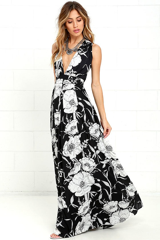 Lovely Black Floral Print Dress - Maxi Dress - Black and White Dress ...