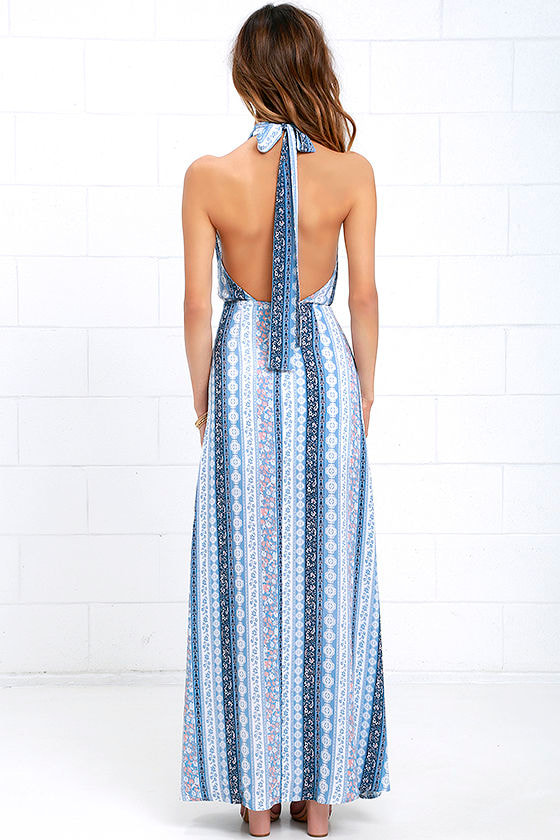 Light Blue Print Dress - Halter Dress - Maxi Dress - $59.00