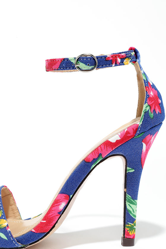 blue floral heels with straps