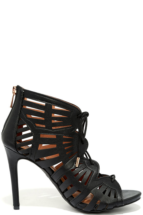 Caged Heels - Lace-Up Heels - Black Heels - $39.00