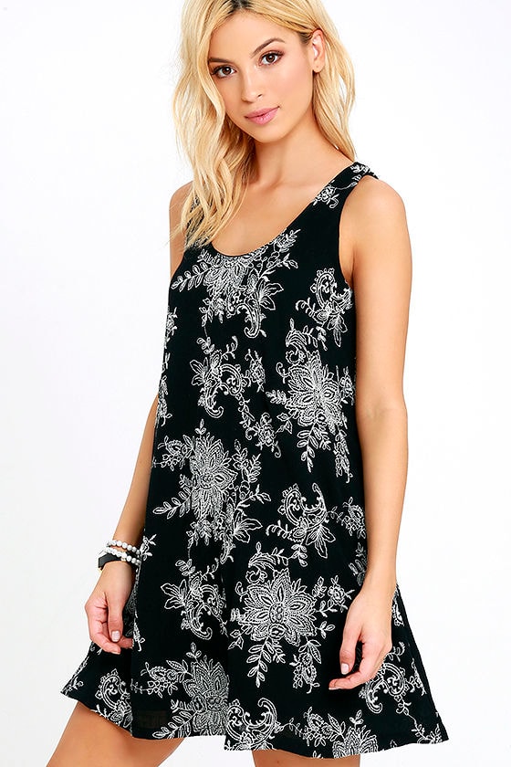 Black Dress - Embroidered Dress - Swing Dress - $59.00