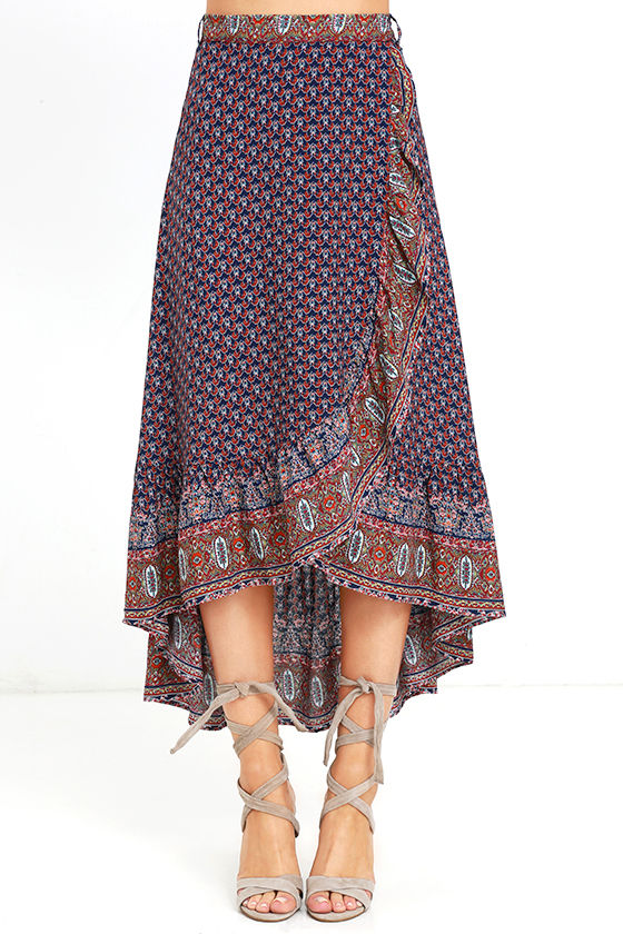 Boho Navy Blue Print Skirt - Wrap Skirt - High-Low Skirt - $46.00