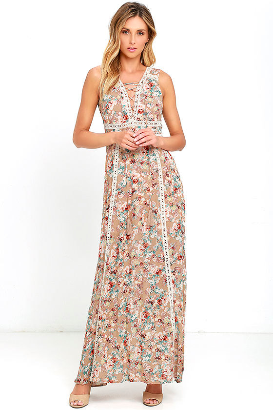 Lovely Beige Dress - Floral Print Dress - Crocheted Lace Dress - $68.00