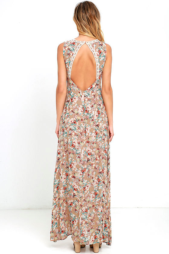 Lovely Beige Dress - Floral Print Dress - Crocheted Lace Dress - $68.00